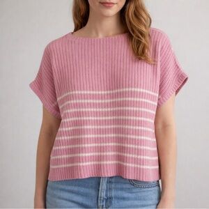 Entro Pink Ribbed Knit Short Sleeve Sweater Boxy Fit Striped Cotton Women’s S